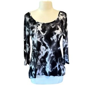 NYC Tunic Long Sleeve High Low Black Gray White Graphic Versatile Scoop Neck LG‌